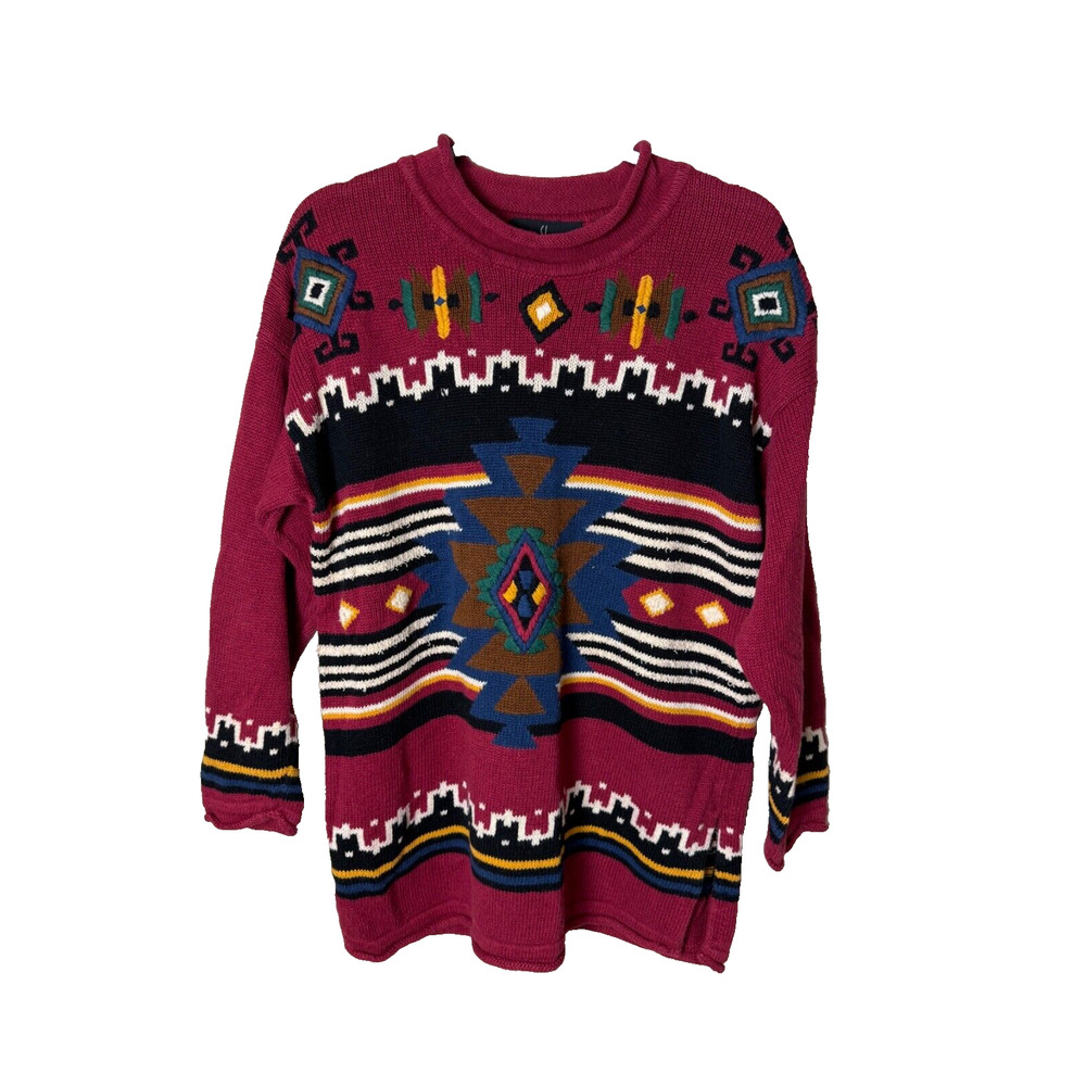 Carole Little Sport Small Sweater Red Southwestern Print Ramie Cotton Vintage